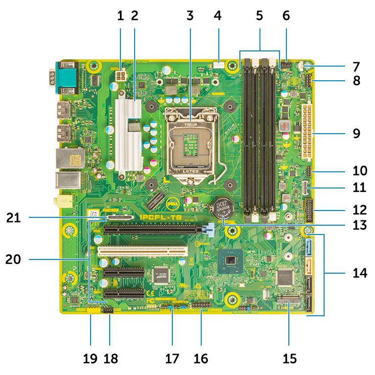마더보드레이아웃 타워시스템보드구성요소 1 전원 (CPU) 2 VR 방열판 (95W 방열판솔루션에서만사용가능 ) 3 프로세서소켓 4 CPU 팬커넥터 5 메모리모듈커넥터 6 시스템팬커넥터 7 침입스위치커넥터 8 전원버튼모듈커넥터 9 ATX PSU 전원커넥터 10 SD 카드판독기커넥터 11 전면패널 USB Type-C 커넥터 12 전면 USB