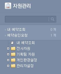 6. 자원관리 6.1 자원관리 Use Case 사내회의실, 차량등각종설비및등록된자원에대하여예약신청및반납, 관리를하실수있습니다. 자원별로부여된사용권한을바탕으로자신이예약신청할수있는자원에대해서만예약을 할수있습니다. 자원은 신청즉시예약 이되는자원과 관리자승인후예약 되는자원, 반납이필요한 자원으로구분됩니다. 6.2 자원관리트리메뉴 - 전사자원 : 회사에서공용으로운용하는자원목록이다중폴더구조형태로보여집니다.