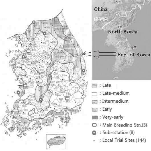 < 우리나라벼육종지대구분및주요목표형질 > 지대별품종의숙기 ( 출수까지일수 ) 주요목표형질 I. 남부및서남해안만생종 (130 일이상 ) II. 남부내륙평야 - 호남내륙평야 - 영남내륙평야 III. 중부평야및남부중산간지 - 중부내륙평야 - 중서부해안 - 남부중산간지 IV.