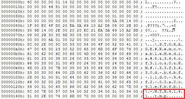 < 악성코드가생성한단축아이콘의내부파일정보 > ~WTR4141.tmp 파일은주요악성코드의역할을수행한다.