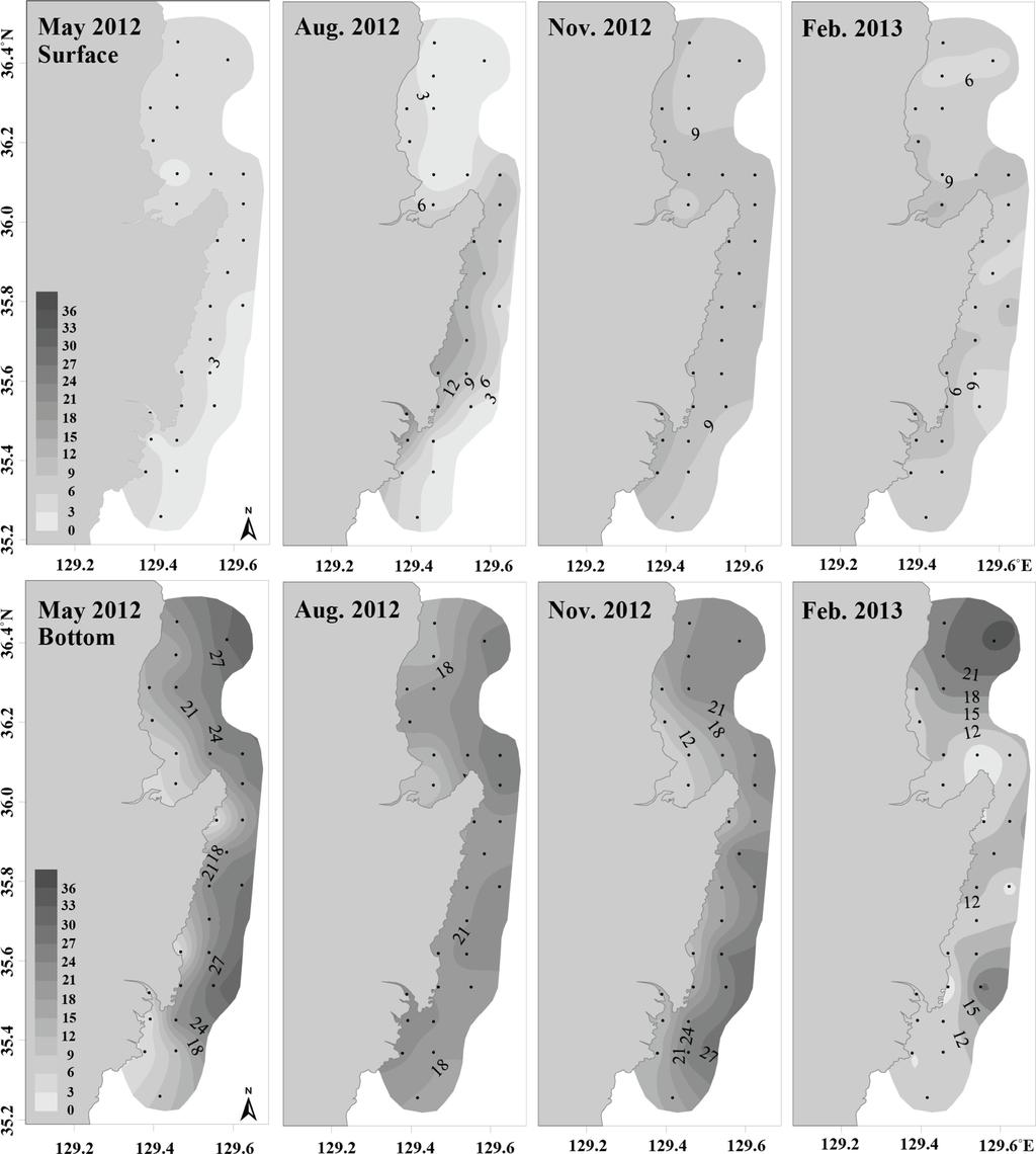 26 원종호 이용우 Fig. 10. The horizontal distribution of dissolved inorganic silicate (µm) in surface and bottom seawater of the south-western region of the East Sea. 한류와합류한후동쪽으로이동한다 (Chang et al.