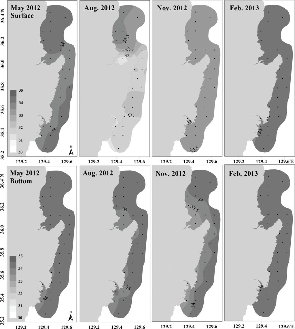 20 원종호 이용우 Fig. 4. The horizontal salinity distribution in surface and bottom seawater of the south-western region of the East Sea. ( 표층 : 34.12±0.26, 저층 : 34.10±0.14) 에가장높았다 (Fig. 4).