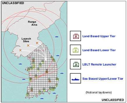 < 그림 3-3> 한국의탄도미사일방어범위와필요자산 50) 지상 구분 북부 중부 남부 해상 상층방어 (L-SAM) 1 1 2 - 하층방어 (PAC-2,3/M-SAM) 9 4 10 - 이동식발사대 5 4 10 - 해상상층방어 ( 동 서 남해 ) - - - 6 더구나최근미국방부는북한의탄도미사일위협에대응하는효과적인 전략으로상승단계요격방안을적극검토하고있다.