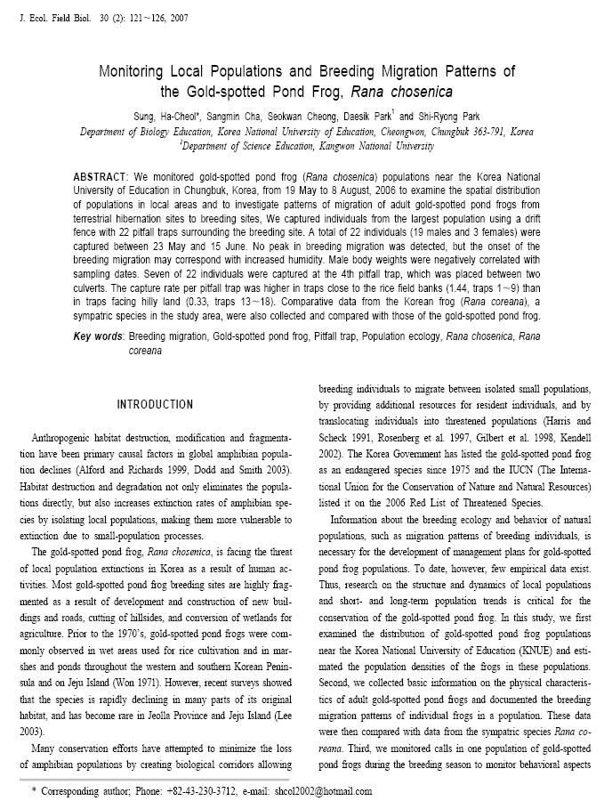 연구성과요약문 3 제목 Monitoring Local Populations and Breeding Migration Patterns of the Gold-spotted Pond Frog, Rana chosenica 학술지