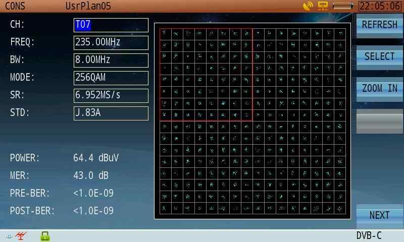 0MS/s ~ 7.0MS/s 스위프시간 100msec ~ 10 sec MER측정범위 >43dB 레벨측정범위 -60dBmV ~ 60dBmV BER측정범위 1E-3 ~ 1E-9 다이나믹레인지 80dB 칸스털레이션 16,64,256QAM 레벨정확도 <±1.