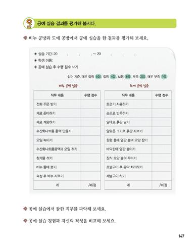 제재 3 공예직무현장실습 공예실습평가하기 학습목표 공예실습을평가하여 자신의적성을파악한다. 지도중점 공예지역사회실습을평가하는활동으로지역 사회실습에서자신의수행정도를파악하여자신의능력과적성을비교한다. 지도의유의점 실습동영상을본후실습과정을하나씩상기하 며평가하도록한다.