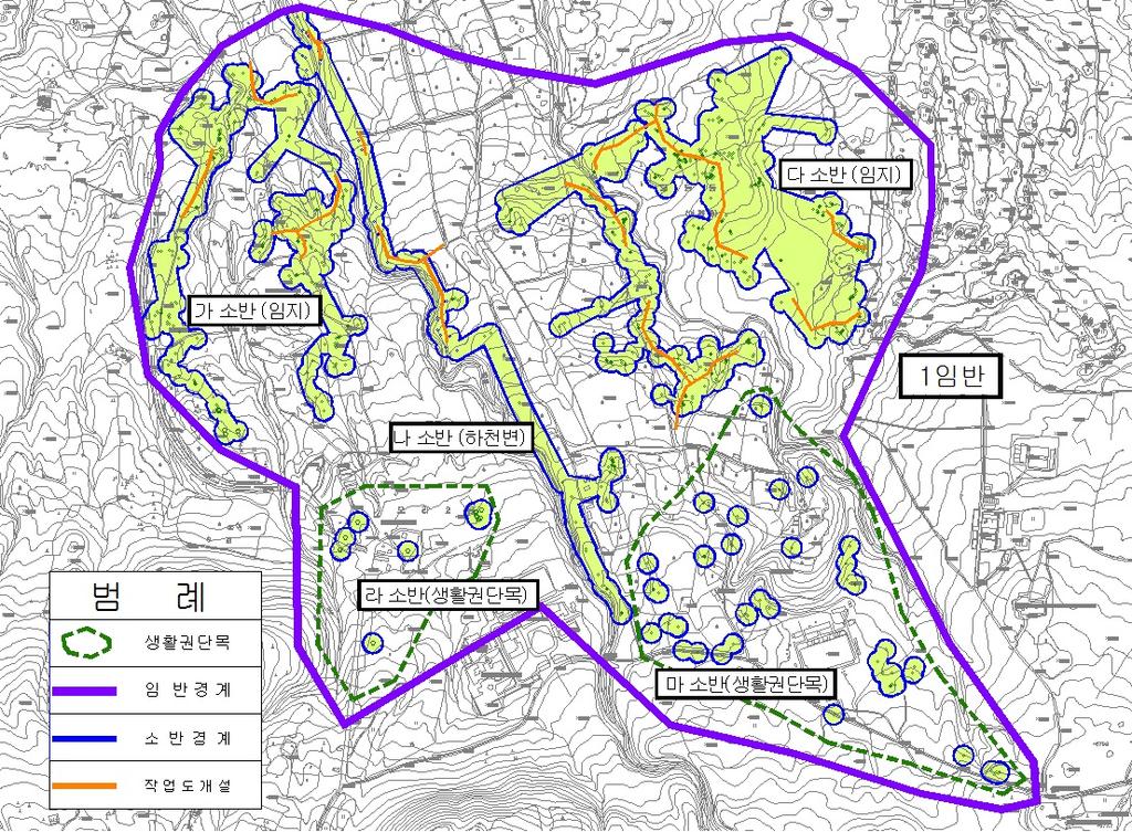 (나) 재선충병이 확산되는 외곽 방향의 끝지점에 있는 피해고사목으로부터 바깥쪽으로 피해고사목의 수고만큼 이격하여 선을 그어 소반단위의 면적을 산출하고, 단목의 경우에는 수고를 반지름으로 하는 원을 그어 산출 (다) 주택지 및 농경지는 면적산출에서 제외하되, 제주특별자치도의 경우 처럼 소나무가 방풍목 등으로 일정본수 이상 생립하고 있는 농경지 등은 포함