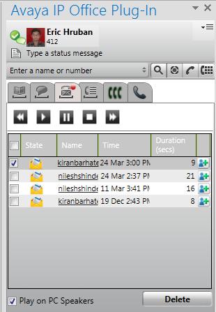 13.10.4 음 성 메 일 옵 션 아이콘을 클릭하여 사서함에 음성 메일 메시지를 표시합니다.아이콘은 새 메시지가 도착하면 빨간색 점을 표시합니다.탭 하여 메시지를 정렬,관리 및 재생할 수 있습니다. 메시지를 재생하려면: 1. 재 생 하 려 는 메 시 지 를 선 택 합 니 다. 2. 아이콘을 클릭하여 메시지 재생을 시작합니다.