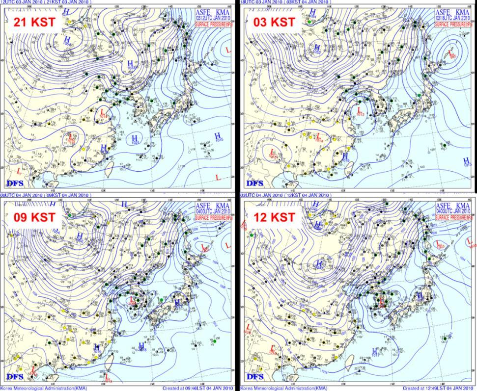 2010 년 1 월 4 일, 중부지방대설 3. 예측자료분석 3.2. 모델의강수예측결과분석 중국에서발생한저기압이한반도를통과하면서중부지방을중심으로대설이발생한사례로 ( 그 림 3.2.1), 전국에걸쳐강우가관측되었으며강설량은중부지방 25cm/day, 충청 / 경북지역 5~10cm/day, 전남 / 경남 5cm/day 미만을기록하였다 ( 그림 3.