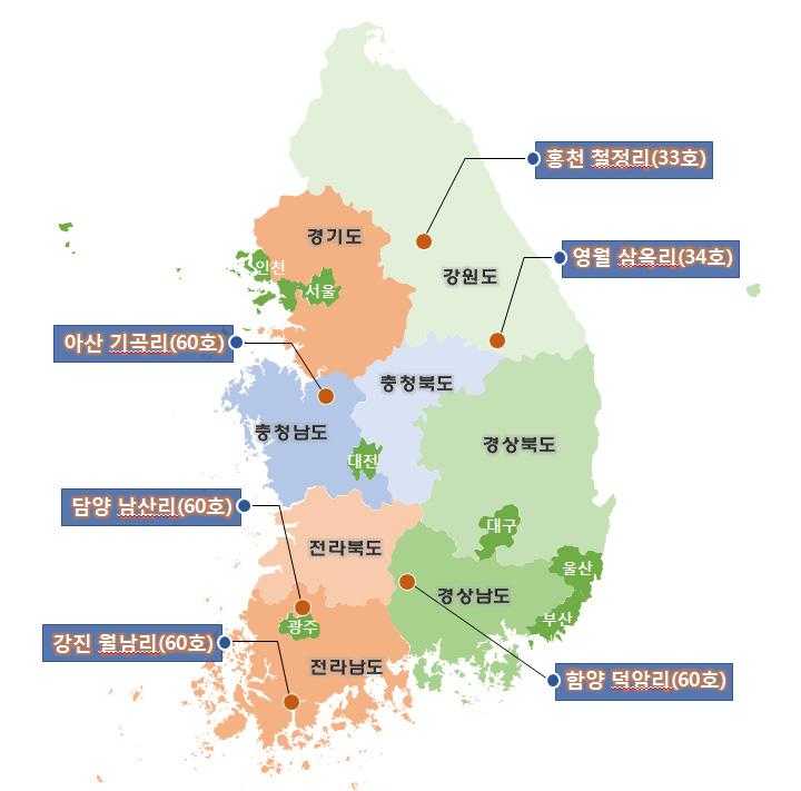 - ( 단지개념 ) 농촌지역으로귀농 귀촌수요확대에대비하여에너지절감형지속가능한단독주택단지제공 - 공모를통해 20 개시 군, 24 개후보지중토지확보가용이하고수요와입지가우량한지역을평가를통해선정 : 강원권 충청권 전라권 경상권내에 8개우선협상대상사업지구선정및협상과정에서 6개시범사업지구결정 [ 그림 3-7] 귀농귀촌주택단지리츠시범사업대상지 출처 : LH