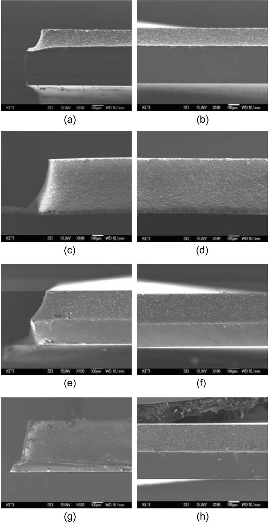 Sand Blast를 이용한 Glass Wafer 절단 가공 최적화 Fig. 5. 33 SEM images of glass wafer section (a) side : 0.1 MPa, 200 rpm, (b) front : 0.1 Mpa, 200 rpm, (c) side : 0.1 MPa, 100 rpm, (d) front : 0.