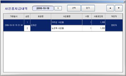 [ 사은품지급 ] 버튼선택 5. 사은품지급사원선택창에서사원선택후 [ 선택 ] 버튼 6. 사은품지급확인메시지창에서 [ 확인 ] 버튼선택 7.