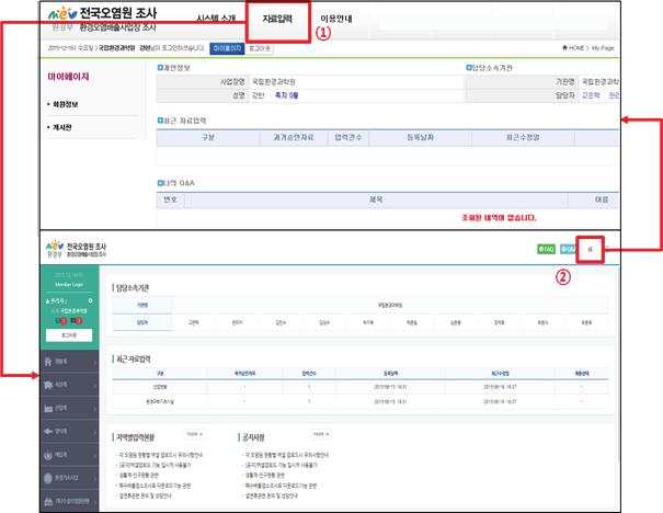 3.2. 메인화면이동 전국오염원조사시스템기존시스템에서신규자료입력화면메인으로이동전환 또는신규자료입력화면에서전국오염원시스템기존화면으로이동전환가능.