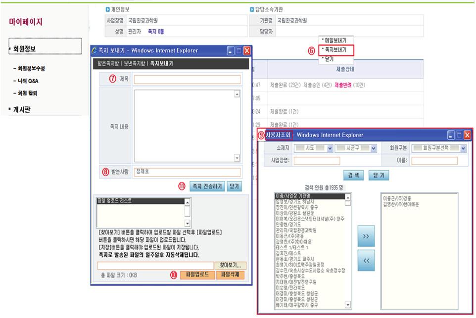 [ 그림 40] 쪽지보내기 < 쪽지보내기 > 6보낼사람이름을클릭하여쪽지보내기를클릭 7보낼쪽지의제목및내용을입력 8받는사람의빈칸을클릭하면사용자조회및여러사람에게쪽지를보냄 9사용자조회팝업창 -