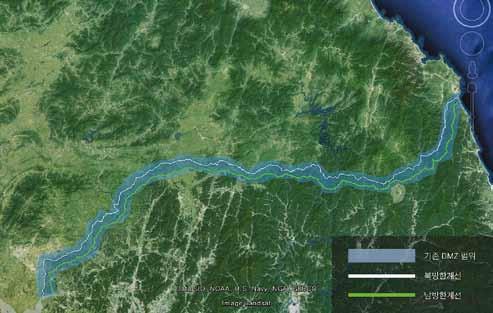 2) DMZ 전체공간범위 그림 6_ 본연구결과측정된 DMZ 전체범위 DMZ 일원 4 개권역에대하여남방한계선상총 68 개의지점을확보하고이가운데 27 개지점에대하여 Google 위성지도를이용하여남 북방한계선간떨어진거리를측정 DMZ 의식물 155 마일 020 하였다 ( 그림 2~5).