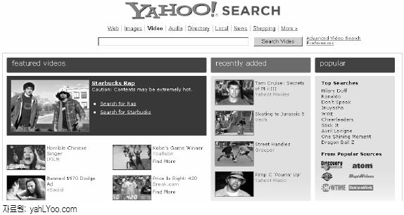 비디오시스템의기능을향상하기위해서 Singingfish의기술을이용하고있다. [ 그림 3-31] Singingfish 사 ) Yahoo Yahoo 비디오검색엔진은뉴스자료, 영화, TV 프로그램, 그리고독립영화등을제공한다.