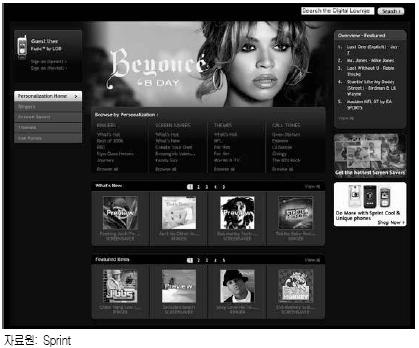다 ) Sprint Nextel Sprint는 1999년 Sprint Wireless Web을도입한이후, 미국이동통신시장에서데이터서비스를주도해왔다. SprintNextel 합병이후, CDMA와 iden 네트워크를통해다양한음성및데이터서비스를제공하고있으며, 주요서비스로는음악, 영상메일, Sprint TV 등을꼽을수있다.