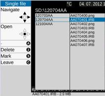 디렉토리는조이스틱의 Enter 버튼을사용하거나오른쪽으로탐색하여열수있습니다. 하위디렉토리의파일목록은왼쪽을탐색하여닫을수있습니다. 파일은조이스틱의 Enter 버튼을사용하여선택됩니다. 오른쪽상단에서파일목록옆에강조표시된열화상이미지의미리보기이미지가표시됩니다.
