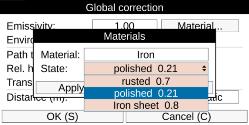 "Material( 재질 )" 옵션은다른표면조건이부분적으로고려되는체계내에서여러재료의방사율이알파벳순으로정렬된컬렉션을제공합니다. 재료와조건 ( 상태 ) 이선택되면선택된재료의방사율이전역방사율로적용됩니다.