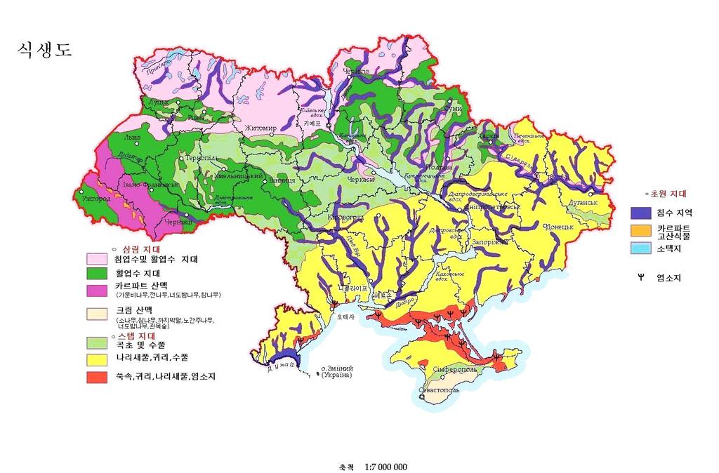 109 Ⅲ. 우크라이나농업환경과농업실태 1. 우크라이나의식생 ( 植生 ) 과기후 우크라이나서북부는카르파트산맥이흐르는임야지로침엽수, 활엽수지대이다. 중앙은광대한초원지대로서목초가재배되는방목지이다. 목초지대남쪽으로주로흑토 (Blacksoil) 로구성된광대한농경지가펼쳐지고있는데식량작물과사료작물이주로재배되고있으며농경지는크림반도남쪽의크림산맥에이르기까지계속된다.