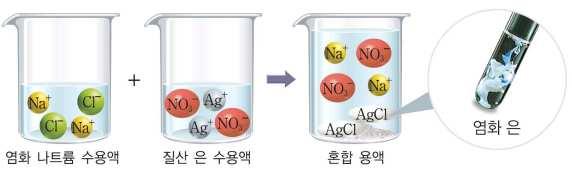 디딤영상핵심내용 1. 앙금생성반응 (1) 앙금생성반응 : 서로다른전해질수용액을섞었을때양이온과음이온이서로강하게결합하여물에녹지않는앙금을생성하는반응이다. (2) 염화나트륨수용액과질산은수용액의앙금생성반응 : 염화나트륨수용액과질산은수용액을섞으면염화이온 (Cl - ) 과은이온 (Ag + ) 이반응하여흰색의염화은 (AgCl) 앙금이생성된다. 2.