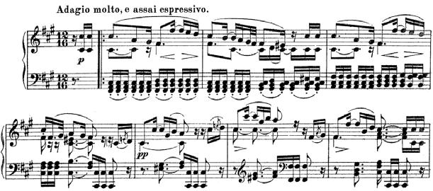 R. 바그너의피아노전곡분석연구 53 < 악보 3> Wagner, Piano Sonata WWV 26, 2 악장마디 1-7. 위의악보를보면, 옥타브로상행도약했다가흘러내리는듯이순차하행하는 f 단조의선율과저음부에놓인꽉찬 3화음의관현악적인연타가만들어내는어두운색채등이표현적인분위기를만들어내며시작한다.