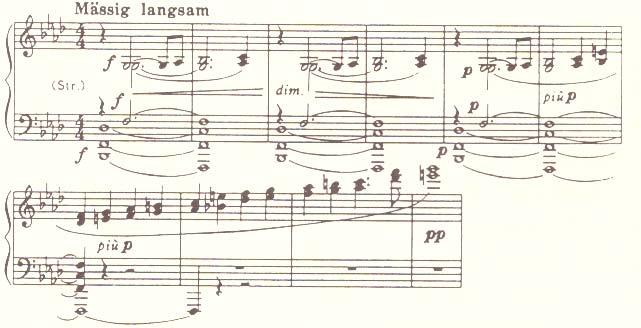 < 악보 13> Wagner, WWV 93 과 트리스탄과이졸데 의프렐류드. a) WWV 93 의시작부분.