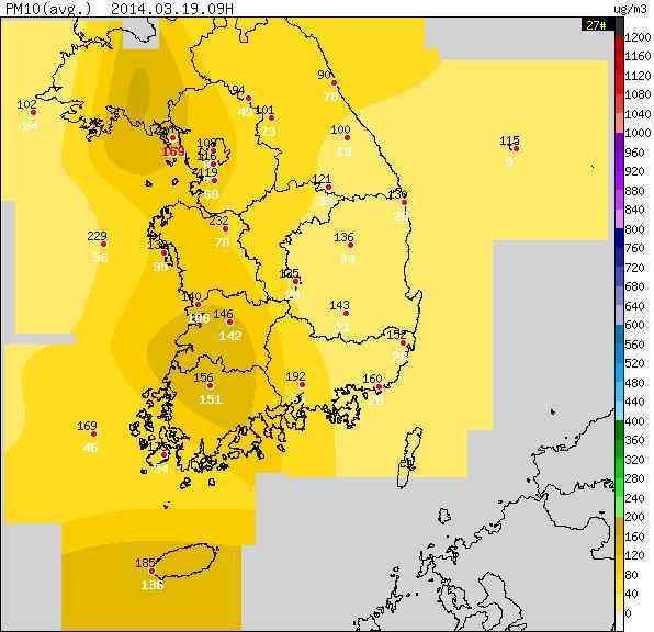 경북장흥동측정소에서 18일 15시에미세먼지농도가 561 μg / m3로최고농도를보였다.
