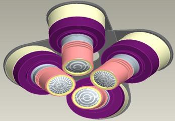 2 Multi-spot UV-LED 모듈구조설계 365[nm], 395[nm], 420[nm], 450[nm] 4 개의 UV-LED chip을적용하여 Spot system을이용하여동일한 Wavelength/Distance에서한지점에집광되도록하였으며, 각도는미세조절이가능하게 Tilting system 으로 fig. 4와 fig.