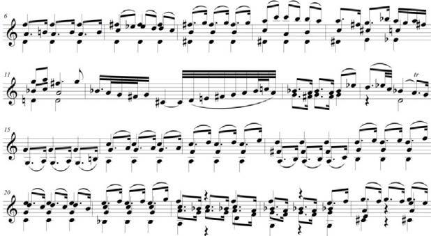 20 세기음악에나타난대위의양상들 (Ⅲ) 255 예 24> 바흐 무반주바이올린소나타 제 3 번 BWV1005 1 악장마디 1-5 그후마디 5의연결구를거쳐마디 6에서는이모티브선율이전체 3성중중성부로자리를옮기게되고, 마디 8부터는다시상성부에자리잡으면서이악장의최고음인 C 6 ( 마디 9) 에도달하게된다.