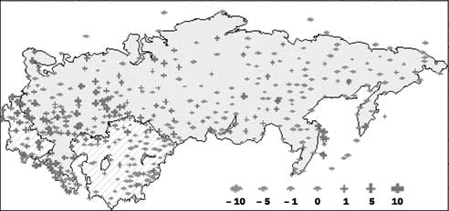 < 그림 Ⅱ-8 러시아지역별연평균기온분포도 > 러시아의연평균기온은영하 10 부터영상 10 까지지역에따라분포되어있다. 위의기온분포도를보면주로극동러시아지역, 시베리아지역을비롯한러시아북부지역의연평균기온이낮은편이며, 유럽에가까운지역일수록연평균기온이높음을알수있다. 2) 모스크바의기후 모스크바는여름엔 17도에서 30도, 겨울엔영하 10도에서 25도의기온을보이고있다.
