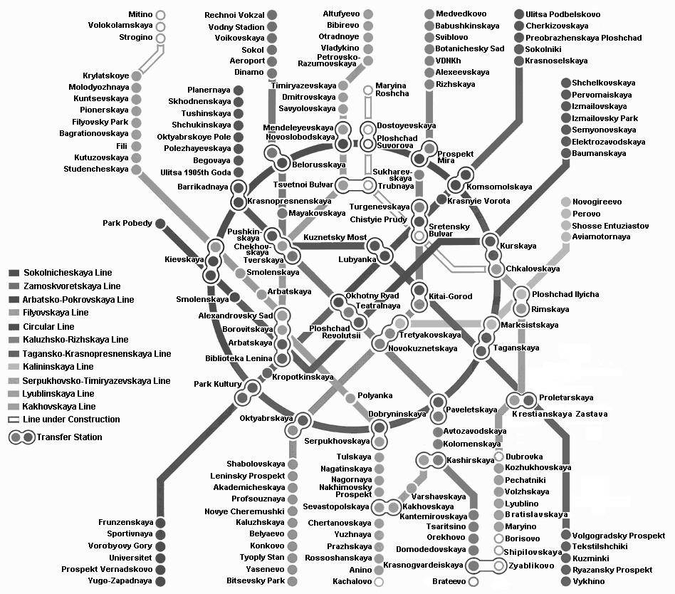 < 그림 Ⅱ-8 모스크바지하철노선도 > 궤도전차는속도가느리나안전하다. 최근에는단거리구간을운행하는셔틀버스가많이있어이동이더원활해지고있다. 라 ) 시외버스 각지역별로시외버스가잘발달되어있으며, 각구간마다버스정류소가있다.