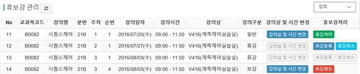 2.7. 휴보강관리 Class Cancellation/ Makeup 강의실및시간을휴보강관리를통하여강의일정을변경할수있습니다. Professors may change their class schedule, classroom or class time through the Class Cancellation/ Makeup menu.