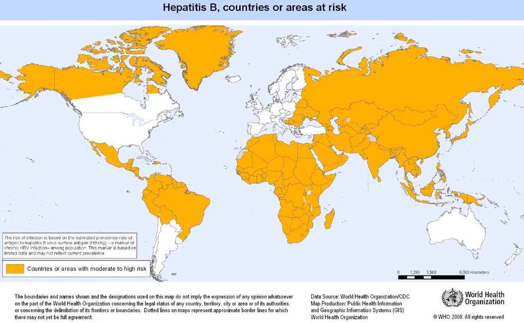 < 2> 전세계 B 형간염발생현황 (2008) 자료출처 : http://www.frontiersoftravel.com/disease_maps/hepatitis_b_risk_map.png 1980 초에발표된자료에따르면, 우리나라의 HBsAg 양성률은 6.6~8.6% 이었다.