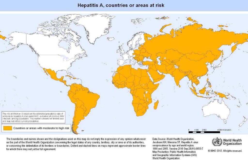 < 1> 전세계 A 형간염발생현황 (2012) 자료출처 : http://gamapserver.who.int/maplibrary/files/maps/global_hepa_ithriskmap.png?