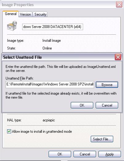 c. OK( 확인 ) 를클릭하여 ImageUnattend.xml 설치스크립트를 Windows Server 2008 SP2 또는 R2 WIM 이미지에매핑합니다. Windows 배포서비스를사용하여 Windows Server 2008 SP2 또는 R2 WIM 이미지를설치할준비가완료되었습니다. d.