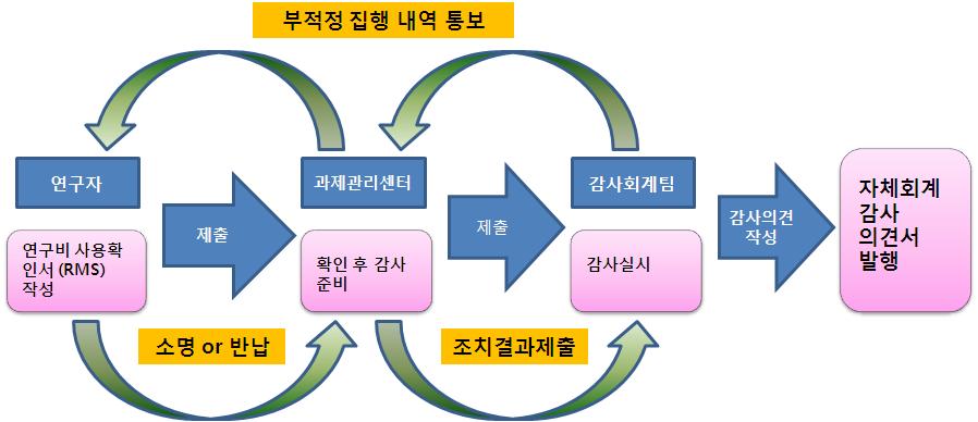 1) 연구비사용실적감사 구분 정의 대상 내용연구비사용실적감사는국가연구개발사업종료과제에대하여사용실적보고전에연구비적정집행여부를판단하기위해세법, 자체규정및지원기관정산지침을준수하여업무처리를하고있는지, 예산편성비목에적합하게집행하였는지감사한다. 산학협력단에서주관하는국가연구개발사업연구과제에한하여시행함을원칙으로하되지원기관규정에따라생략할수있다.