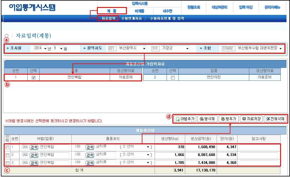 2. 자료입력 계통조사 계통자료입력 a 입력하기위한조사년월을선택하고해당시군구를선택한후, 관련조합을선택함 b 관련위공판장해당하는목록을확인함.