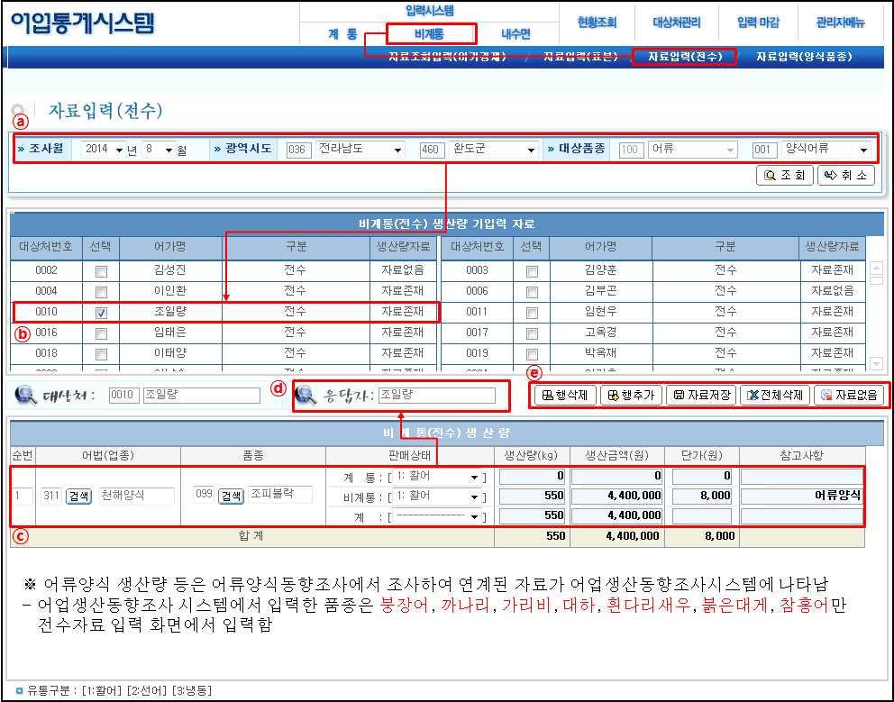 비계통 ( 전수 ) 조사대상처자료입력 a 화면에있는 자료입력 ( 전수 ) 를클릭하여조사년월, 시도, 시군구, 대상품종을선택함 b 해당광역시도에비계통전수어가목록을확인함 c 선택한어가목록에대한생산량 / 생산금액목록을입력함 d 상세정보입력이완료되면응답자란에응답자를입력하고버튼을클릭하여저장함 e 각버튼들을활용하여추가, 삭제, 수정할비계통 ( 전수 )