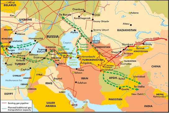 146 글로벌경제의불확실성증대와중앙아시아의미래 그림 2. 중앙아시아, 러시아에서유럽으로향하는천연가스파이프라인노선 2.