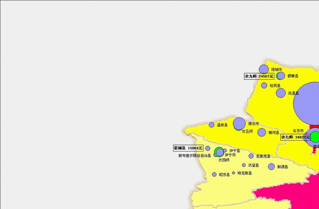 2016 한국 슬라브 유라시아 학회 춘계 학술회의 <그림2. 2011년 신장자치구 지역별 GDP>19) 원이 클수록 GDP가 높은 것이고 원이 작을수록 GDP가 낮은 것이다.