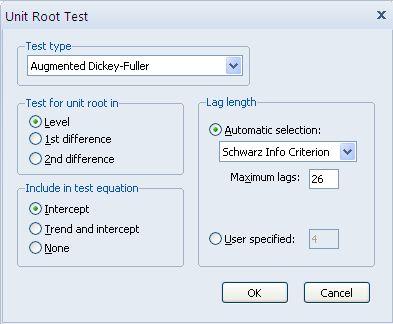 wit 의단위근검정 다음과같은 Unit Root Test 대화창에서 Test type 은 Augmented Dickey-Fuller 를선택함. Test for unit root in 에서우선수준변수 (Level) 에대해서단위근검정을함.
