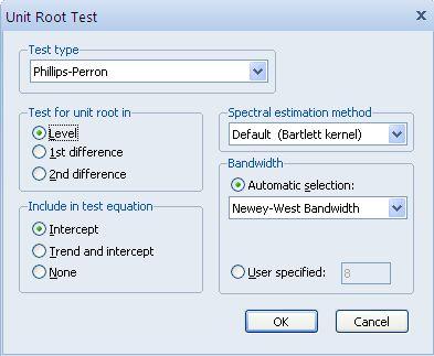 wit 의단위근검정 다음과같은 Unit Root Test 대화창에서 Test type 은 Phillips-Perron 을선택함. Test for unit root in 에서우선수준변수 (Level) 에대해서단위근검정을함.