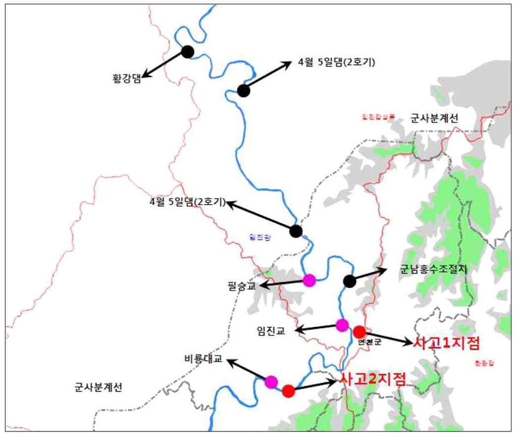 재산피해로는차량침수 대 와연천군및파주시주민들의그물 통발 어망등 어구가모두떠내려가약 억 천 백만원의피해를입음 홍수피해원인분석 임진강유역의홍수피해조사에따른주요원인을분석해보았으며 정리된내용은다음과같다 지역주요원인 임진강본류 수계지류하천에비해가장높은치수계획빈도 년 에도불구하고계획강우량이가장작음 유역면적의 가북한지역이므로정확한수리검토 홍수예보및홍수방어계획수립곤란