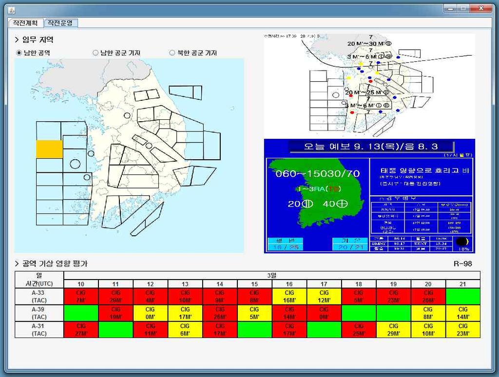 남한공군기지와북한공군기지에대해서도남한공역과같이해당기지를선택했을때영향평가를통한데이터가아래부분에표시되도록되어있으며작전가능여부에대해서 단계색깔 초록색 노란색 빨간색 로이루어지고있음 작전운영은현재작전을운영하는데필요한기상정보를제공하는데목적을가지고 를구성하였으며