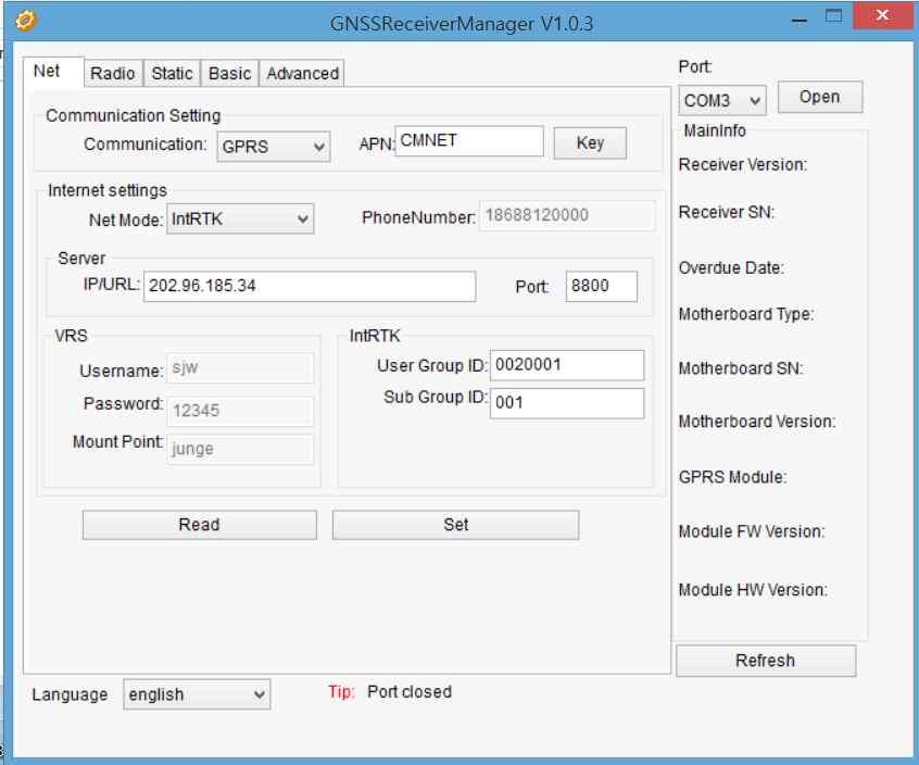 SurveyPro GNSS 컨트롤러소프트웨어 GNSS Receiver management 프로그램 v 수신기에저장된데이터삭제 1. PC에설치된프로그램을실행한다. 2. 수신기와시리얼포트케이블로연결한다. 3. 포트번호설정후 OPEN 을누른다. 4. 해당수신기의시리얼번호, 펌웨어버전등의정보가나타나면연결이된상황이다. 5. Static 탭으로이동한다. 6.