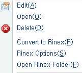해당항목우측클릭메뉴에서 Convert to Rinex 실행여러파일이있다면전체를한꺼번에선택해서실행할수도있음 v