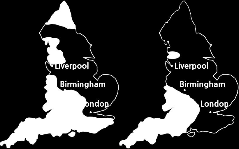 영국영어의 r- 발음 (rhoticity) 지역의변화 Photicity in England in the 1950s and late 20 th century.