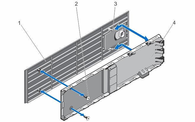 그림 91. PCIe 케이지도어덮개분리및설치 12. 다음을분리합니다. 1. PCIe 케이지도어덮개 2. 나사 (2 개 ) 3. 도어덮개후크 (2 개 ) 4. PCIe 케이지도어 a. 시스템상단덮개 b. 냉각덮개 c. 냉각팬조립품 d. 콘솔 e. 상단및하단고정받침대 13. 상단고정받침대를왼쪽랙받침대로개조하려면다음을수행합니다. a. 카트리지에서교체할수있도록받침대덮개를고정하는나사를풀어덮개를분리합니다.