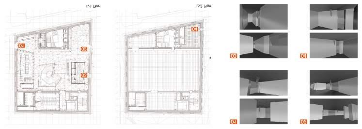 벽돌부분의전체 입면의면적에서창의면적이차지하는비율은 1.15%(18.63 m2/1613.25 m2) 이고, 코르텐강판부분의전체입면의면적에대한타공된코르텐강판의 비율은 26.58%(448.25 m2/1686.43 m2) 이다.